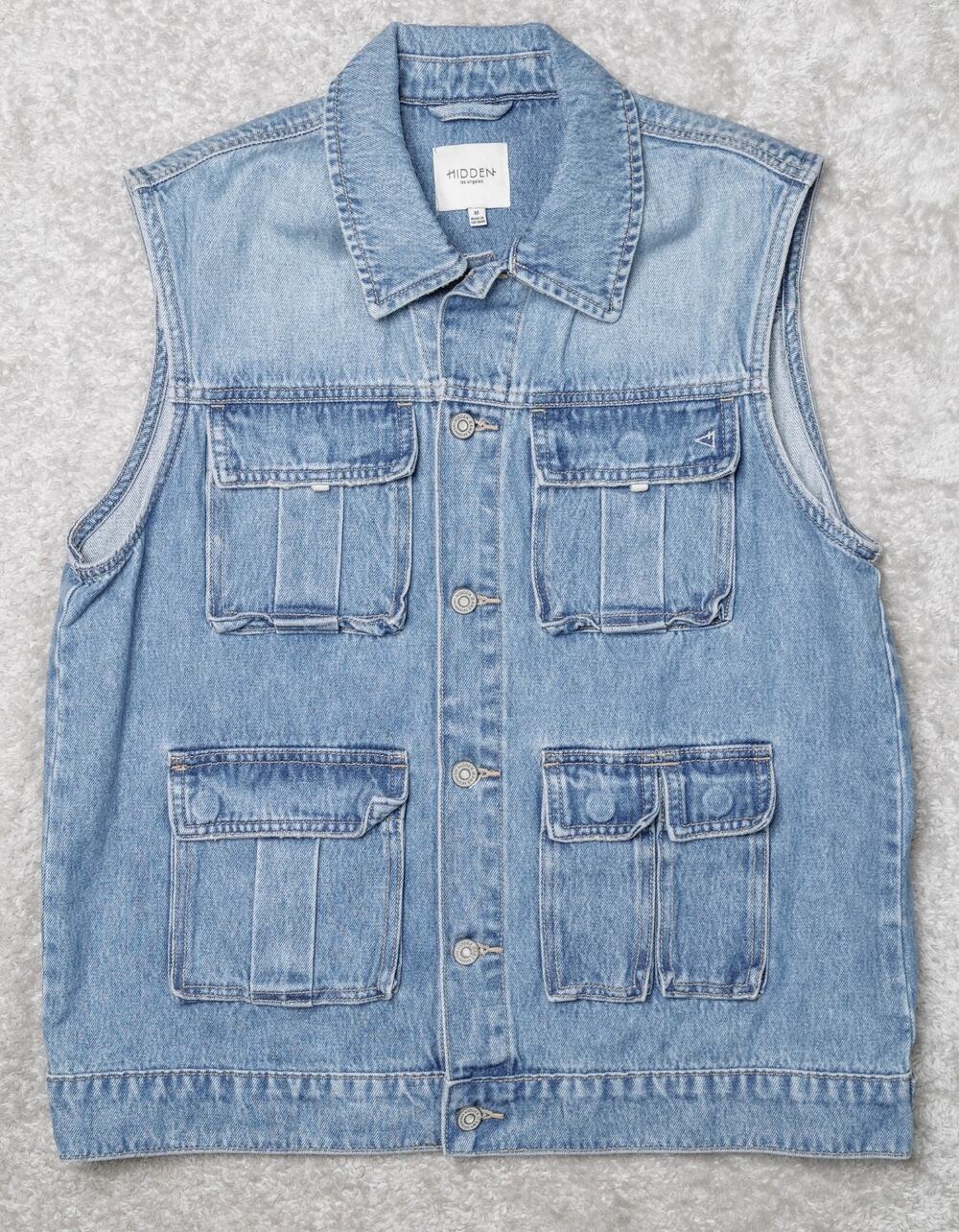 Hidden Jeans Oversized Light Blue Wash Denim Cargo Vest Womens Size M